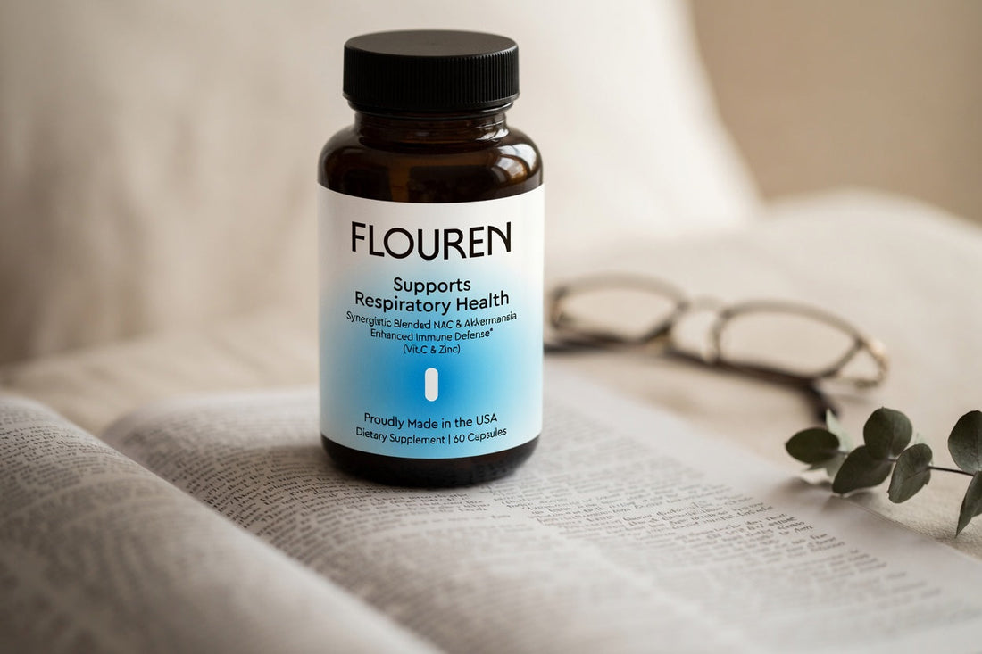 FLOUREN Supports Respiratory Health supplement bottle on an open book with reading glasses and eucalyptus sprig, soft natural light